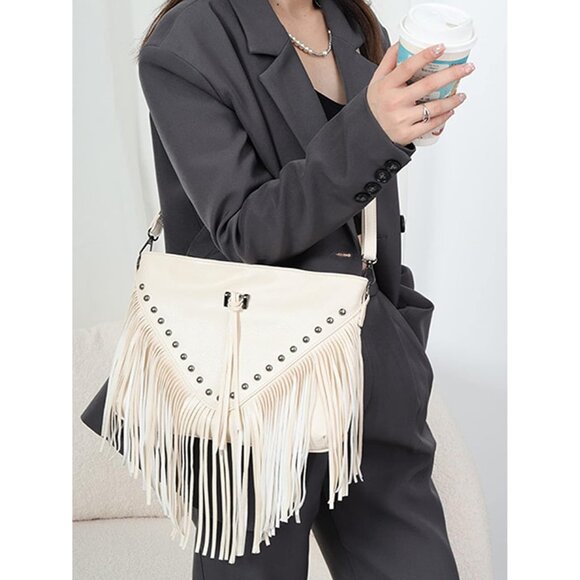 Women’s Leather Fringe Hobo Crossbody Bag Small Tassel Shoulder Purse - Picture 6 of 6